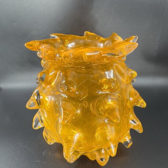 Brutalist Lazy Susan Amber Art Glass Thorn Vase Heavy Glass Vase Vessel Decor - Picture 12 of 16